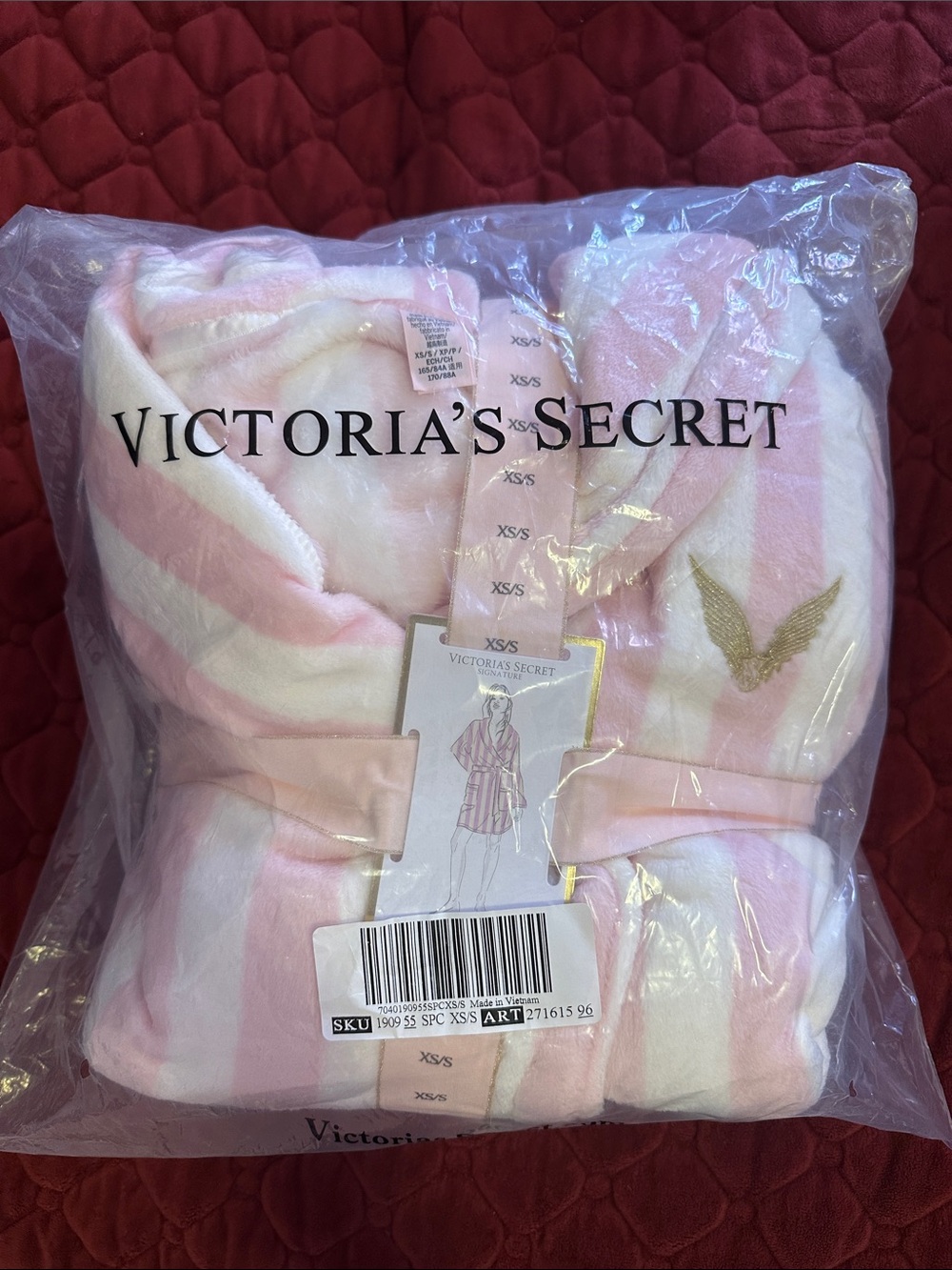 Victoria's Secret Pink and White Striped Plush Robe with Gold Wing Accent
